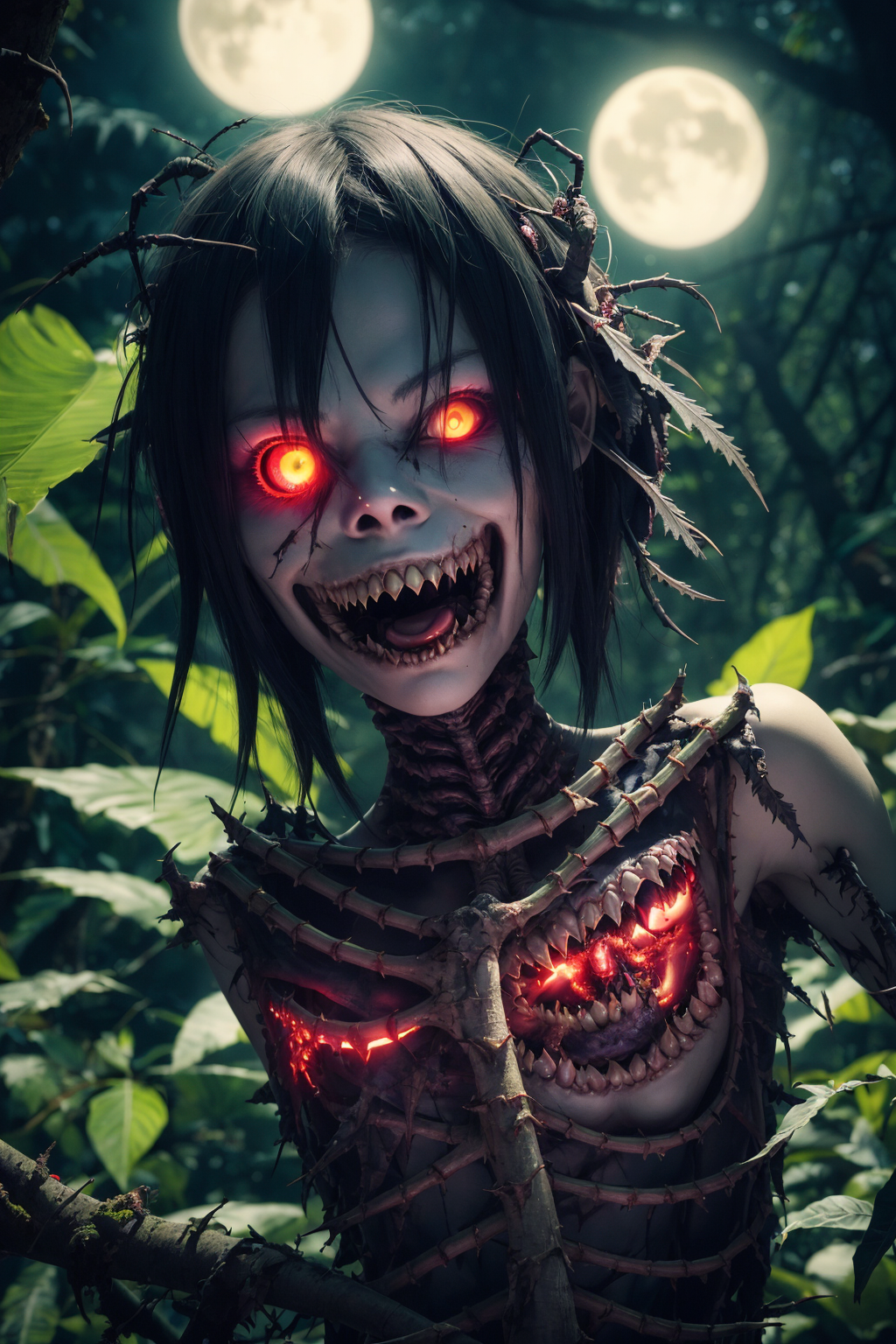 frightful, bare tree, tree, (sexy:1.1), branch, forest, teeth, plant, monster girl, nature, sharp teeth, glowing, solo, ch...
